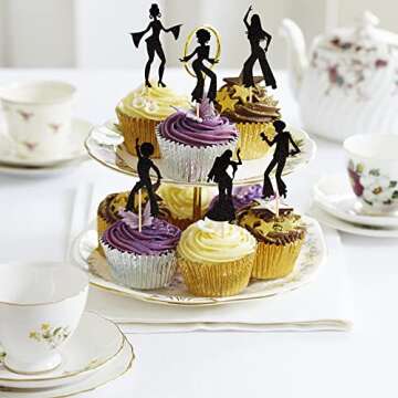 24 PCS Glittery Disco Cupcake Toppers for Parties