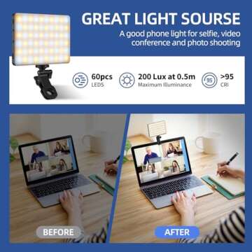 Selfie Light for iPhone,60 LED Phone Light with Clip,3 Light Modes,3000mAh Rechargeable Battery,Portable Video Fill Light for iPhone/Phone/Ipad,Laptop,Photo,Video Recording,Conference,Selfie,TikTok