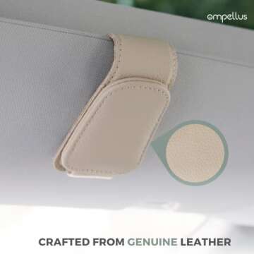 Ompellus Sunglasses Holder for Car Sun Visor, Magnetic Genuine Leather Sunglass Holder Clip, Car Organization Accessories (Beige)