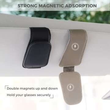 Ompellus Sunglasses Holder for Car Sun Visor, Magnetic Genuine Leather Sunglass Holder Clip, Car Organization Accessories (Beige)