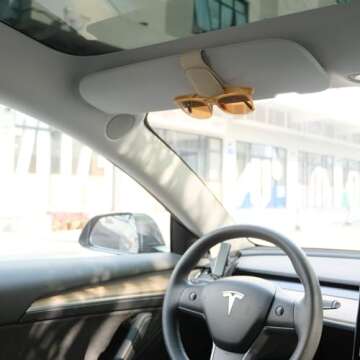 Ompellus Sunglasses Holder for Car Sun Visor, Magnetic Genuine Leather Sunglass Holder Clip, Car Organization Accessories (Beige)