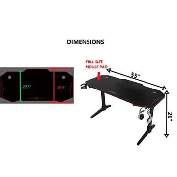 OCD By Design Gaming Computer Desk or Computer Gaming Desk 55" Wide Large Office Table, Pro PC Video Gamer Desk, Multi Colored LED Lights, Carbon Fiber Surface, Mouse Pad, Headphone, cup holder