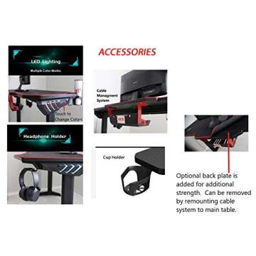 OCD By Design Gaming Computer Desk or Computer Gaming Desk 55" Wide Large Office Table, Pro PC Video Gamer Desk, Multi Colored LED Lights, Carbon Fiber Surface, Mouse Pad, Headphone, cup holder