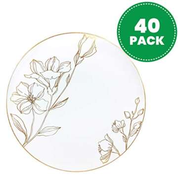[9'' Plates 40 Count] White Plastic Floral Design Party Dinner Plates With Gold Rim Premium heavywei...