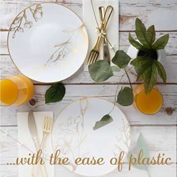 [9'' Plates 40 Count] White Plastic Floral Design Party Dinner Plates With Gold Rim Premium heavyweight Elegant Disposable Tableware Dishes
