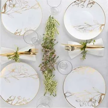 [9'' Plates 40 Count] White Plastic Floral Design Party Dinner Plates With Gold Rim Premium heavyweight Elegant Disposable Tableware Dishes