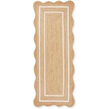 Natural Jute Scalloped Area Runner Rug - 2x6ft Washable Mat