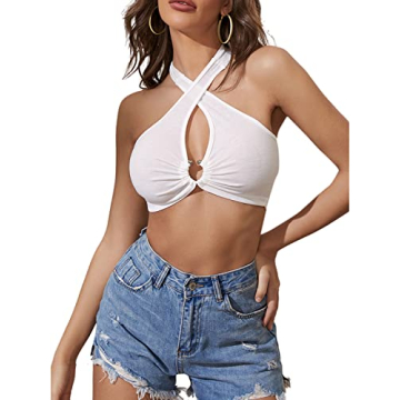 JECEIKA Women's Sexy White Criss Cross Halter Top - Trendy and Stylish Crop Top JC226-2-S