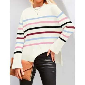 ZESICA Women's Fall Winter Striped Long Sleeve Crew Neck Ribbed Knit Side Slit Oversized Pullover Sweater Jumper Top,BluePink,Large