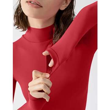 PUMIEY Bodysuit for Women Long Sleeve Mock Turtle Neck Body Suits T-shirt Tops, Ruby Meduim