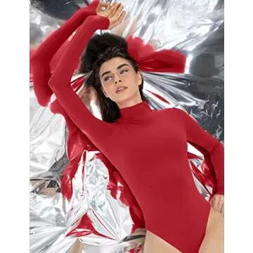 PUMIEY Bodysuit for Women Long Sleeve Mock Turtle Neck Body Suits T-shirt Tops, Ruby Meduim