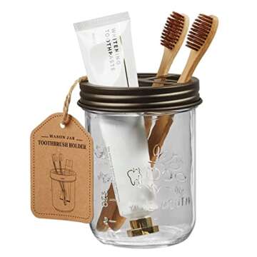 Amolliar Mason Jar Bathroom Accessories Set(4 Pack) - Foaming Soap Dispenser&Qtip Holder Set&Toothbrush Holder-Rustic Farmhouse Decor Bathroom Organizer Apothecary Jar Country Countertop (Bronze)