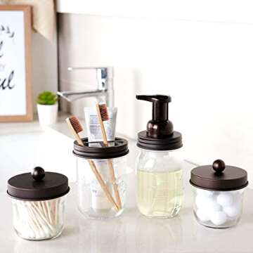 Amolliar Mason Jar Bathroom Accessories Set(4 Pack) - Foaming Soap Dispenser&Qtip Holder Set&Toothbrush Holder-Rustic Farmhouse Decor Bathroom Organizer Apothecary Jar Country Countertop (Bronze)