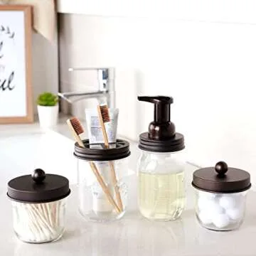 Amolliar Mason Jar Bathroom Accessories Set(4 Pack) - Foaming Soap Dispenser&Qtip Holder Set&Toothbrush Holder-Rustic Farmhouse Decor Bathroom Organizer Apothecary Jar Country Countertop (Bronze)