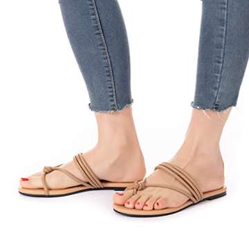 Mtzyoa Women Flat Sandals Strappy Nude Size 7 Summer Comfy Leather Ladies Cute Casual Sandals