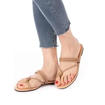 Mtzyoa Women Flat Sandals Strappy Nude Size 7 Summer Comfy Leather Ladies Cute Casual Sandals