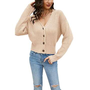 Febriajuce Women's Long Sleeve V-Neck Button Down Rib Knit Cropped Cardigan Sweater Apricot