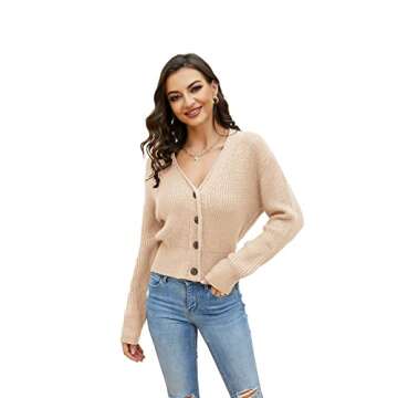 Febriajuce Women's Long Sleeve V-Neck Button Down Rib Knit Cropped Cardigan Sweater Apricot