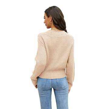 Febriajuce Women's Long Sleeve V-Neck Button Down Rib Knit Cropped Cardigan Sweater Apricot