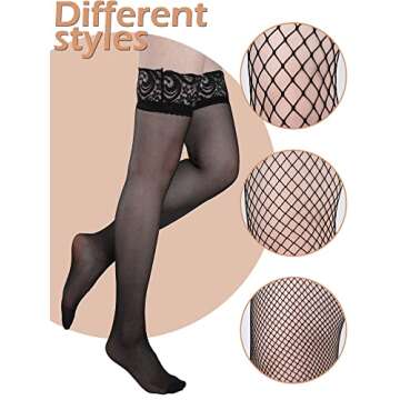 Bencailor 4 Pairs Fishnet Thigh High Stocking for Women Silicone Lace Top Sheer Over Knee Silky Stockings(Black,Large)