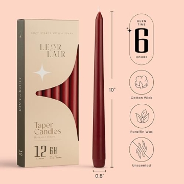 Leor & Lair Red Taper Candles for Christmas - 12 Pack 10" Dark Red Candlesticks - Unscented Long Bur...