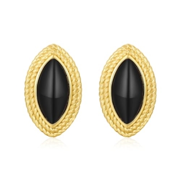 Dckazz Vintage Earrings Gold Chunky Oval Earrings with Black Agate Stone Vintage Stud 18K Gold Textu...