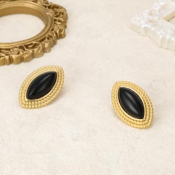 Dckazz Vintage Gold Chunky Oval Earrings with Black Agate
