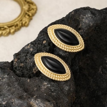 Dckazz Vintage Gold Chunky Oval Earrings with Black Agate
