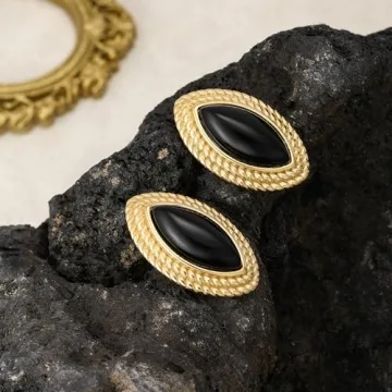Dckazz Vintage Gold Chunky Oval Earrings with Black Agate