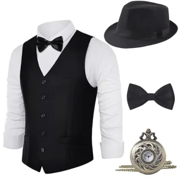 BABEYOND 1920s Mens Gatsby Gangster Vest Costume Accessories Set Fedora Hat
