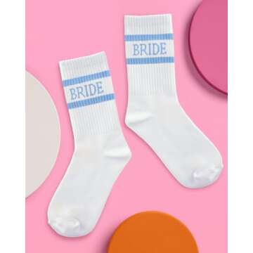 xo, Fetti Bride Socks, White + Blue | Bride To Be Something Blue Gift, Bachelorette Decorations, Wed...