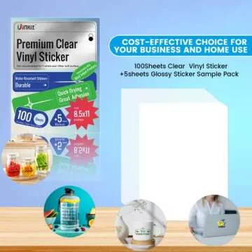 Uinkit 105Sheets Premium 90% Clear Vinyl Sticker Paper for Inkjet Printer - Include 100 Sheets Clear and 5Sheets Glossy Label Waterproof, Dries Quickly Vivid Colors, Holds Ink Well