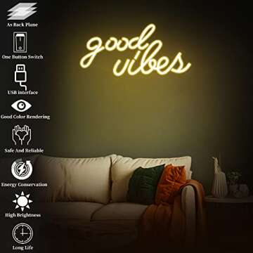 ROYOCE Good Vibes Neon Sign, Neon Lights for Bedroom Wall Decor, Warm White LED Neon Signs (16 x 8 inch)