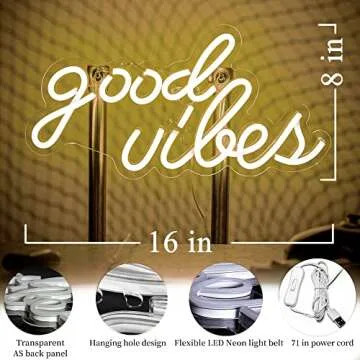 ROYOCE Good Vibes Neon Sign, Neon Lights for Bedroom Wall Decor, Warm White LED Neon Signs (16 x 8 inch)