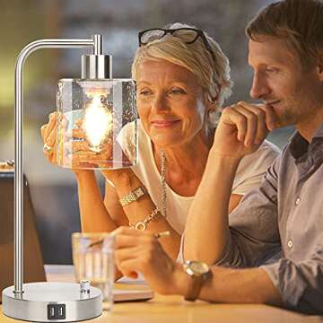 Set of 2 Industrial Table Lamps, Fully Dimmable Desk Lamp with 2 USB Ports for bedrooms, Silver Nightstand Bedside Lamp with Seeded Glass Shade for Reading Living Room Office, 2 LED Bulbs Included