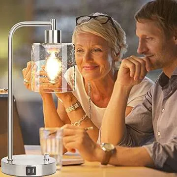 Set of 2 Industrial Table Lamps, Fully Dimmable Desk Lamp with 2 USB Ports for bedrooms, Silver Nightstand Bedside Lamp with Seeded Glass Shade for Reading Living Room Office, 2 LED Bulbs Included