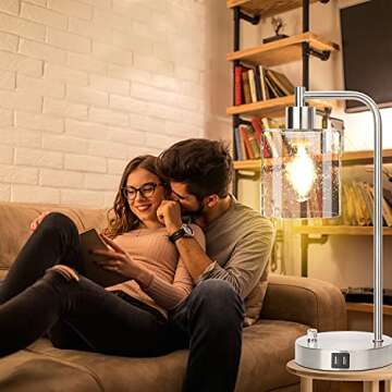Set of 2 Industrial Table Lamps, Fully Dimmable Desk Lamp with 2 USB Ports for bedrooms, Silver Nightstand Bedside Lamp with Seeded Glass Shade for Reading Living Room Office, 2 LED Bulbs Included