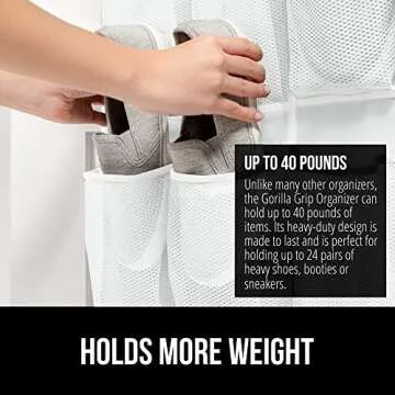 Gorilla Grip Over the Door Shoe Organizer, 24 Large Breathable Mesh Pockets, Space Saving Hanging Storage Holder, Closet Rack Hanger Holds Up to 40 lbs, Hangs on Closets for Shoes, Accessories, White