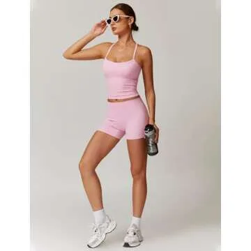 QBGJTD Two Piece Workout Sets For Women Straps Cross Back Tank Top Matching High Waist Booty Lifting Biker Shorts 2 Piece Gym Yoga Active Wear Outfits Womens Athletic Work Out Clothes Pink S