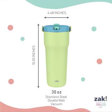 Zak Designs Sutton Travel Tumbler for On the Go, 30oz Stainless Steel with Vacuum Insulation, Straw Spout, Carry Handle for Cold Drinks (Key Lime)