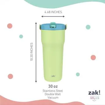 Zak Designs Sutton Travel Tumbler for On the Go, 30oz Stainless Steel with Vacuum Insulation, Straw Spout, Carry Handle for Cold Drinks (Key Lime)