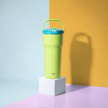 Zak Designs Sutton Travel Tumbler for On the Go, 30oz Stainless Steel with Vacuum Insulation, Straw Spout, Carry Handle for Cold Drinks (Key Lime)