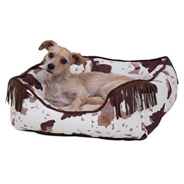 MuttNation Fueled by Miranda Lambert Lambswool Corner Fringe Printed Lounger Dog Bed, Cowhide Print