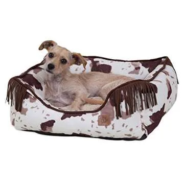 MuttNation Fueled by Miranda Lambert Lambswool Corner Fringe Printed Lounger Dog Bed, Cowhide Print