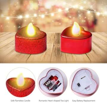 YBB 24 Pack Valentine's Day Heart-Shaped Tealights, Red Flameless Romantic LED Candle Lights Battery Operated for Table Centerpiece Wedding Celebration Marriage Proposal Party Decor
