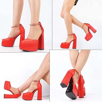 Womens Platform Dress Pumps Ankle Strap Block High Heeled Silk Satin Square Toe Fashion Heeled Pumps for Women A-red