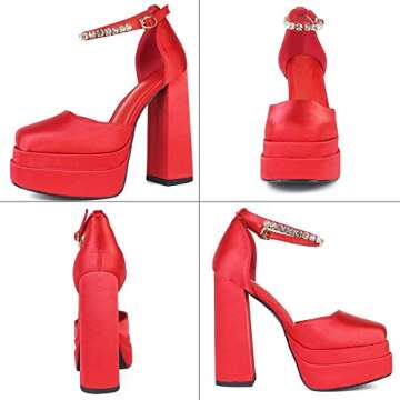 Womens Platform Dress Pumps Ankle Strap Block High Heeled Silk Satin Square Toe Fashion Heeled Pumps for Women A-red