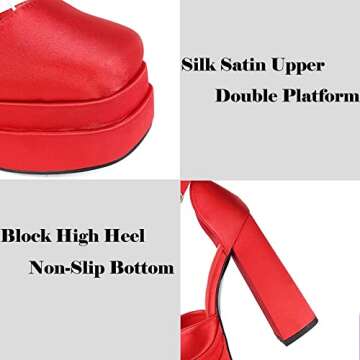 Womens Platform Dress Pumps Ankle Strap Block High Heeled Silk Satin Square Toe Fashion Heeled Pumps for Women A-red