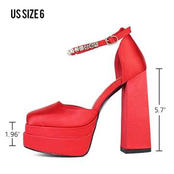 Womens Platform Dress Pumps Ankle Strap Block High Heeled Silk Satin Square Toe Fashion Heeled Pumps for Women A-red
