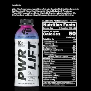 Whey Protein Water Sports Drink by PWR LIFT | Blueberry Pomegranate | Keto, Vitamin B, Electrolytes, Zero Sugar, No Artificial Flavors, No Chalky Aftertaste | | Post-Workout Energy Protein Beverage | 16.9 Oz (Pack of 12)